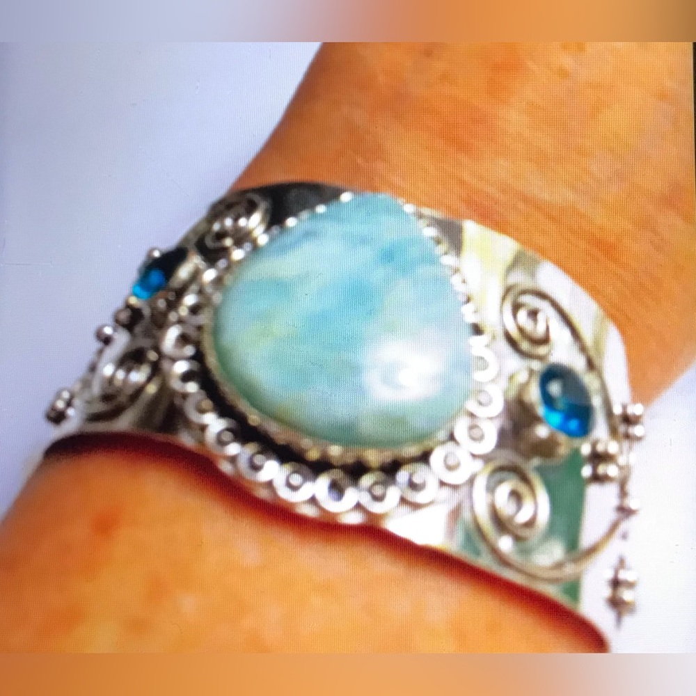 Amazonite Aqua Apatite Stamped 925 Sterling Silver Cuff Bracelet